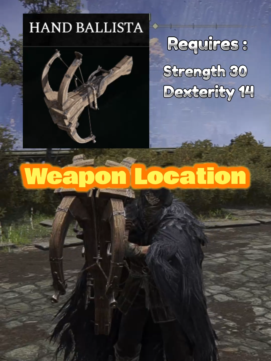 Hand Ballista Location Elden Ring (Ballista) how to get ballista easily and quickly ? Limgrave Location, It is a good Weapon for ranged combat to break an enemies stance for more effective upcoming attacks targeted towards this recipient of this weapon's attacks. requires : 20 strength and 14 dexterity. This weapon is recovered in limgrave at the top of a small ruined tower, it is a heavy crossbow which projects a large arrow which will bring down even large enemies, in the chest there will also be some heavy arrow for the weapon #eldenring #eldenringtips #eldenringtutorial #eldenringlocation #eldenringweapons #eldenringguide #eldenringclips #eldenringbuild #eldenringhelp #eldenringedit #eldenringhowto