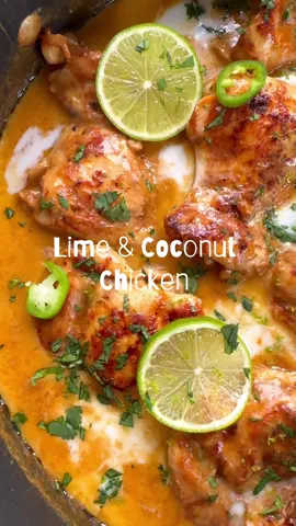 To say this was phenomenal is an understatement, it was one of the nicest chicken dishes I’ve made🥰 What you need:  6-8 chicken thighs or 4/5 Breasts Paprika  1 Large Shallot 1 Green Chilli 1 Tbsp Minced Garlic 1 Tbsp Minced Ginger  200ml Chicken Stock 400ml Coconut Milk Coconut Cream 1 Tbsp Dark Soy Sauce 1 Tbsp Fish Sauce Coriander  Lime  What to do: 1. In a large pan heat 1-2 tbsp olive oil, add chicken and season with S&P and paprika. Cook on both sides until golden and remove. 2. Add onion & chilli, cook for 3-5 mins over low heat, mix through ginger, garlic & lime zest and heat for 1-2 mins.  3. Pour in stock and coconut milk & cream(keep some back to top chicken at the end) 4. Mix in soy sauce, add chicken back in, cover and cook for 10-15 mins over low heat until chicken is cooked through & sauce is thickened.  5. Serve with fish sauce, lime juice& dollops of coconut cream, coriander & lime slices.  #fyp #chicken #chickendinner #chickenrecipe #coconutchicken 