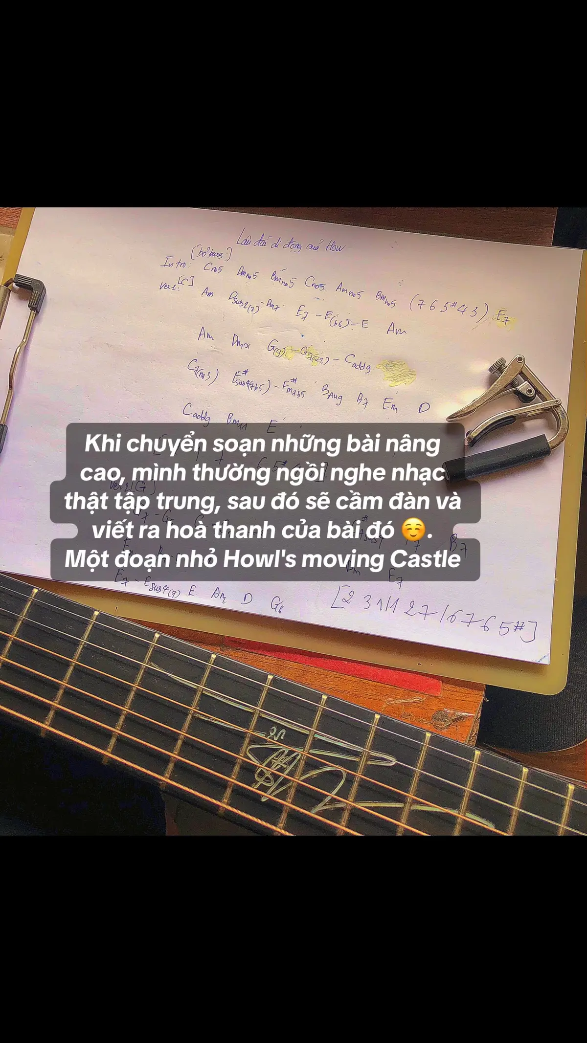 Bước đầu tiên để có thể chuyển soạn được một bài nhạc nào đó, chính là biết nghe 😊 #howlsmovingcastle #guitarsolo #fingerstyleguitar #ghibli #xuhuong 