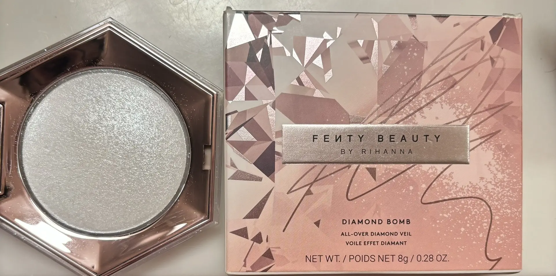 @Fenty Beauty @Rihanna  Fenty beauty cosmetics! All over diamond veil in diamond bomb, and gloss bomb in the shadefushia flex! Must say I love the highlighter so far and your gloss is amazing feels and looks beautiful on my lips you must try it out! #fentybeauty #fentybeautycosmetics #bomblips #shinebrightlikeadiamond #alloverdiamondveil #feelbeautifulerveryday #latina #makeupoftiktok #viral #iwanttobeonprlist! 