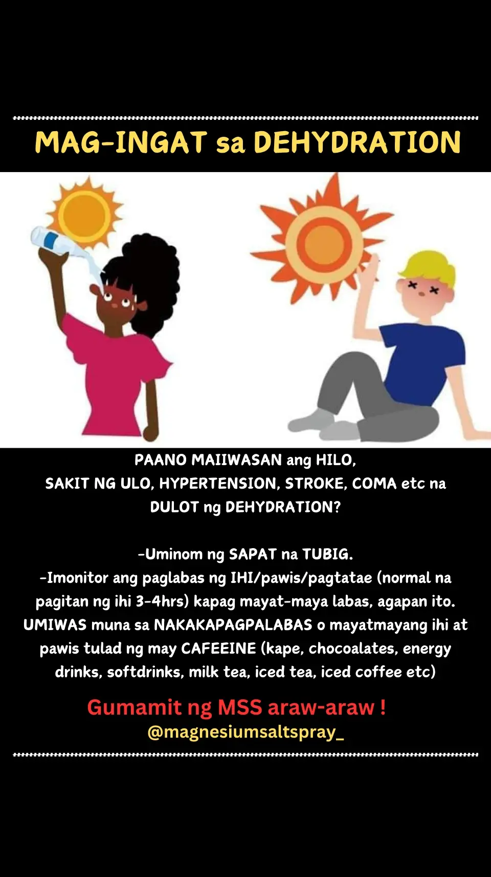 Ano nga ba ang MSS o MAGNESIUM SALT SPRAY? Ito ay pinagsama-samang nga MINERALS,pangunahin ang MAGNESIUM, na inilagay sa isang bote at ipinapahid lang sa BALAT o sa apektadong bahagi,NAPAKALAKI ng kinalaman ng pagkakaroon ng ibat-ibang karamdaman kapag NAWAWALAN ng SAPAT na MINERALS o kaya hindi ito balanse, kaya kapag nabigyan mo ng sapat na minerals ang katawan mo kusang magsisiwalaan ang mga nararamdaman dahil naa-ACTIVATE nito ang NATURAL HEALING MECHANISM,lalo Kong masasabayan ng iba pang mga bitamina lalo ng mayaman sa Bvitamins o Bcomplex,at SAPAT na inom ng tubig,tulog at ehersisyo at makapag paaraw, alisin ang galit sa puso, piliin laging sumaya. Ang kahit anong karamdaman ay maaring GUMALING kapag naibigay mo ang kakailanganin ng iyong katawan. #MSS  #allinone #miraclespray #NATURALnaPANLUNAS #MAGNESIUMsaltSPRAY #naturalnapanlunasadvocate #pisikpisiktanggalangmgasakit #TRANSDERMALmineralSUPPLEMENT #foryou#health#magandangprodukto#keepsafe 