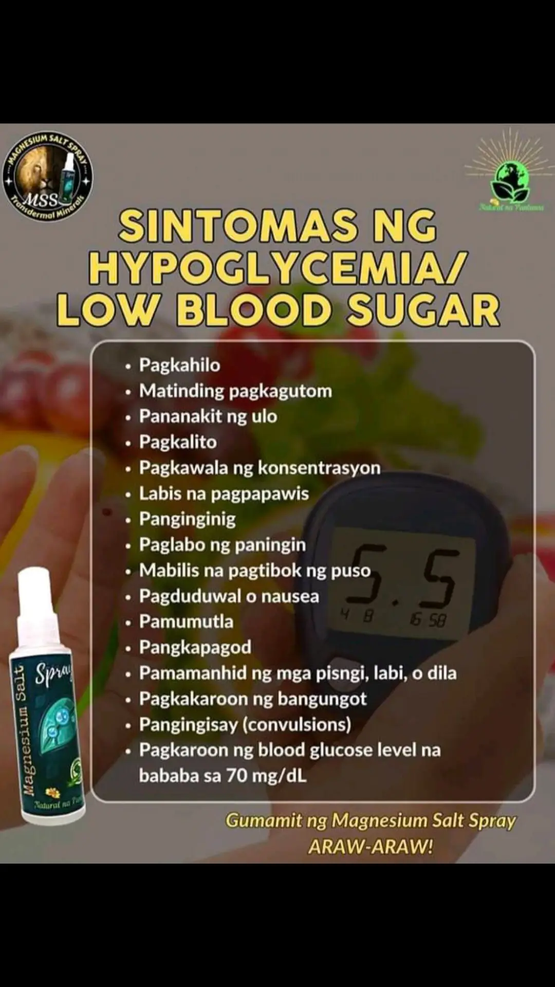 Ano nga ba ang MSS o MAGNESIUM SALT SPRAY? Ito ay pinagsama-samang nga MINERALS,pangunahin ang MAGNESIUM, na inilagay sa isang bote at ipinapahid lang sa BALAT o sa apektadong bahagi,NAPAKALAKI ng kinalaman ng pagkakaroon ng ibat-ibang karamdaman kapag NAWAWALAN ng SAPAT na MINERALS o kaya hindi ito balanse, kaya kapag nabigyan mo ng sapat na minerals ang katawan mo kusang magsisiwalaan ang mga nararamdaman dahil naa-ACTIVATE nito ang NATURAL HEALING MECHANISM,lalo Kong masasabayan ng iba pang mga bitamina lalo ng mayaman sa Bvitamins o Bcomplex,at SAPAT na inom ng tubig,tulog at ehersisyo at makapag paaraw, alisin ang galit sa puso, piliin laging sumaya. Ang kahit anong karamdaman ay maaring GUMALING kapag naibigay mo ang kakailanganin ng iyong katawan. #MSS  #allinone #miraclespray #NATURALnaPANLUNAS #MAGNESIUMsaltSPRAY #naturalnapanlunasadvocate #pisikpisiktanggalangmgasakit #TRANSDERMALmineralSUPPLEMENT #foryou#health#magandangprodukto#keepsafe 