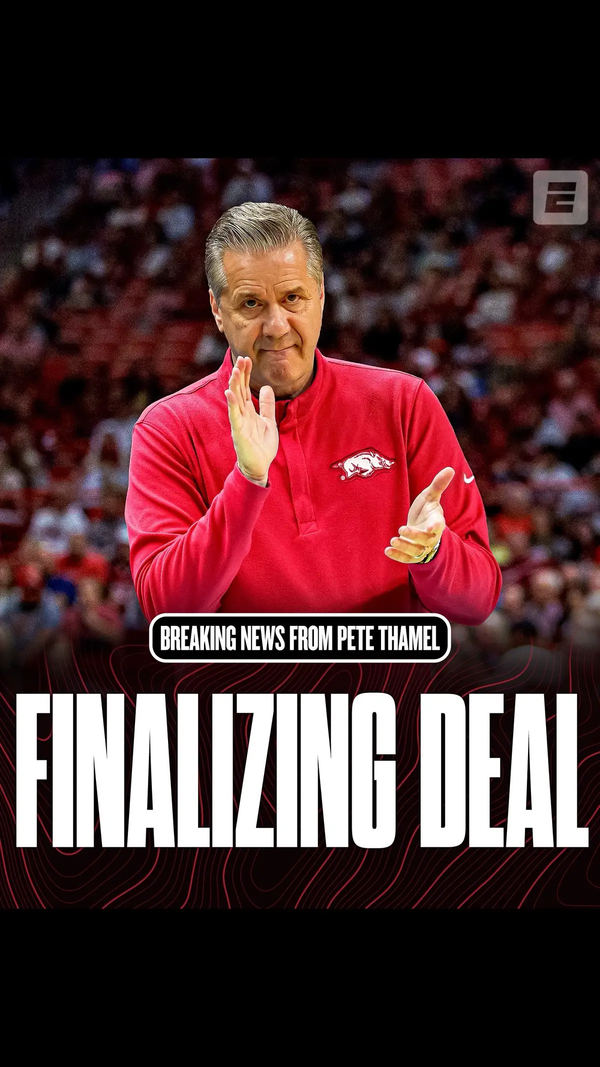 Breaking: John Calipari is finalizing a five-year deal to become the next coach at Arkansas. The deal is expected to be completed in the next 24 hours, sources tell Pete Thamel. #cbb #basketball #johncalipari #arkansas 