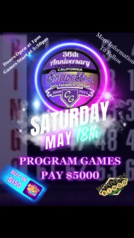 Grapettes are Hosting Their 36th Anniversary Special on May 18th! ALL GAMES PAYING $5000!! Buy In Now on the Bingo Me Now Plus App! @Winners Bingo Stockton #bingo 
