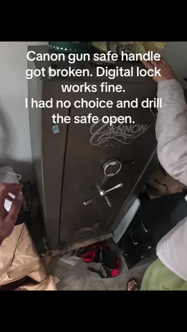 Canon gun safe handle got broken. Digital lock works fine. I had no choice and drill the safe open. #canonsafe #brokenhandle #drillingrig #fireresistance  