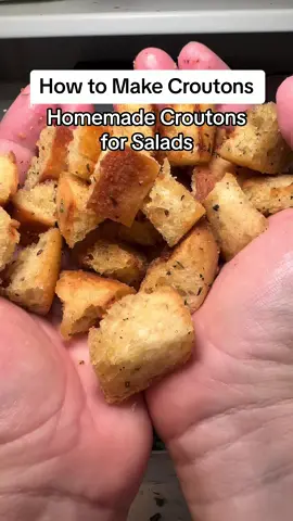 If I’m not careful I’ll be buying chickens and a cow soon! Recipe for these homemade croutons here! I’ll never buy store bought croutons again!  1 1/2 tablespoons salted butter 1 tablespoon extra virgin olive oil 1/4 loaf day-old crusty bread (about 4 ounces), cut into 3/4-inch cubes (about 2 1/2 cups) 1/4 teaspoon garlic powder 1/4 teaspoon dried herbs, such as herbes de Provence 1/4 teaspoon kosher salt #crouton #croutons #homemadefood #homemade #homemaker #fromscratch #salad #healthyrecipes #EasyRecipe 