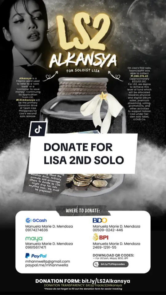 💫 #LS2Alkansya 💫 DONATION DRIVE FOR LISA 2ND SOLO 💰 Donation Form: bit.ly/LS2Alkansya 📊 Transparency: bit.ly/TrackLS2Alkansya Lisa said she wants to drop her album this year, we have to be prepared! Last LS1, TeamLisaPH was able to collect ₱𝟭,𝟮𝟴𝟴,𝟯𝟳𝟲.𝟰𝟮, can we also have this energy for LS2? 👀 Please don't forget to fill out the donation form. Let’s do this for LISA! #lisa #lalisa #lalisamanoban #blackpink #lloud #lilies #blinks #fyp 