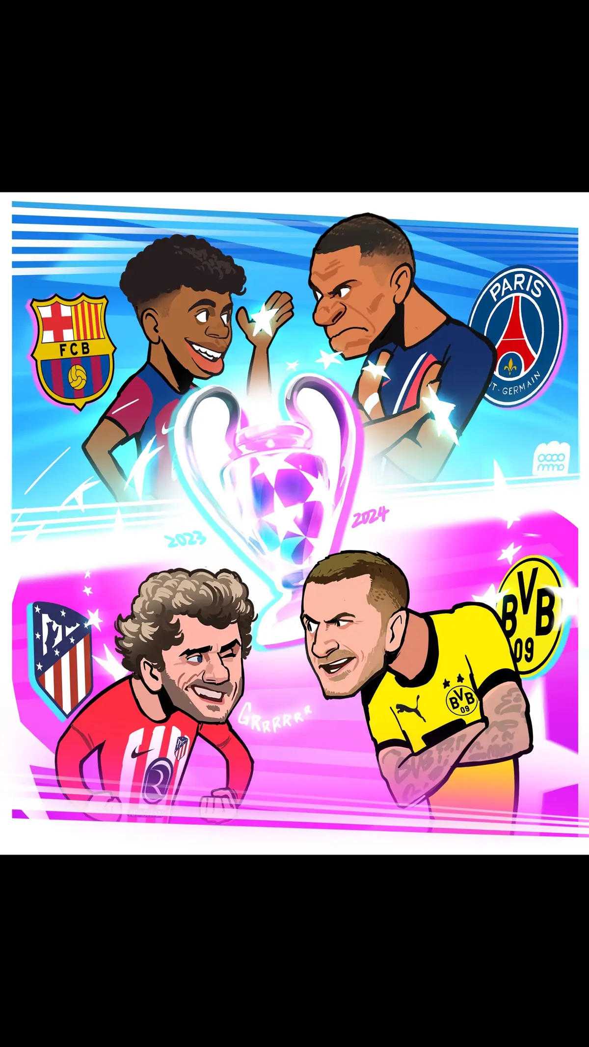 🔥🔥🔥 UCL quarterfinal is a legend! 🔥🔥🔥 This Champions League quarterfinal is absolutely insane! Both games are already tied!  It's expected to be hot today as well! . . . . 🎨Art_ @88mmo Contact_DM & palpalmmo@gmail.com . . . #UCL #FCBarcelona #PSG #AtleticoMadrid #bvb09 #Yamal #Mbappe #grizmann #MarcoReus #Reus #championsleague #bvb #borussiadortmund #borussia #dortmund #mancity #realmadrid #BayernMunich #Arsenal #saka #kane #judebellingham #haaland #messi #cristiano #축구 #풋살 #바르셀로나 #챔스 #해축 #맨시티 #아스날 #레알마드리드 