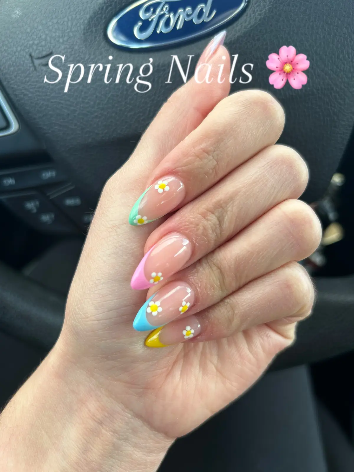 New Nails 🌸 . 💜 💚 🩷  🩵 💛 . Spring nails, spring nail inspo, spring nail inspiration, flower nails, French tips, almond nails, #springnails #newnails #springnailinspo #almondnails 