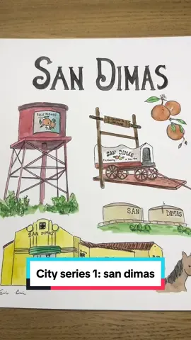 This piece is the first in my “City Series” that will feature cities in LA county and beyond! San Dimas is a sweet little city in the San Gabriel Valley. It was a historical hub for citrus growers but now it’s better known for the Raging Waters water park. Prints will be up in my shop very soon! #sandimas #art 