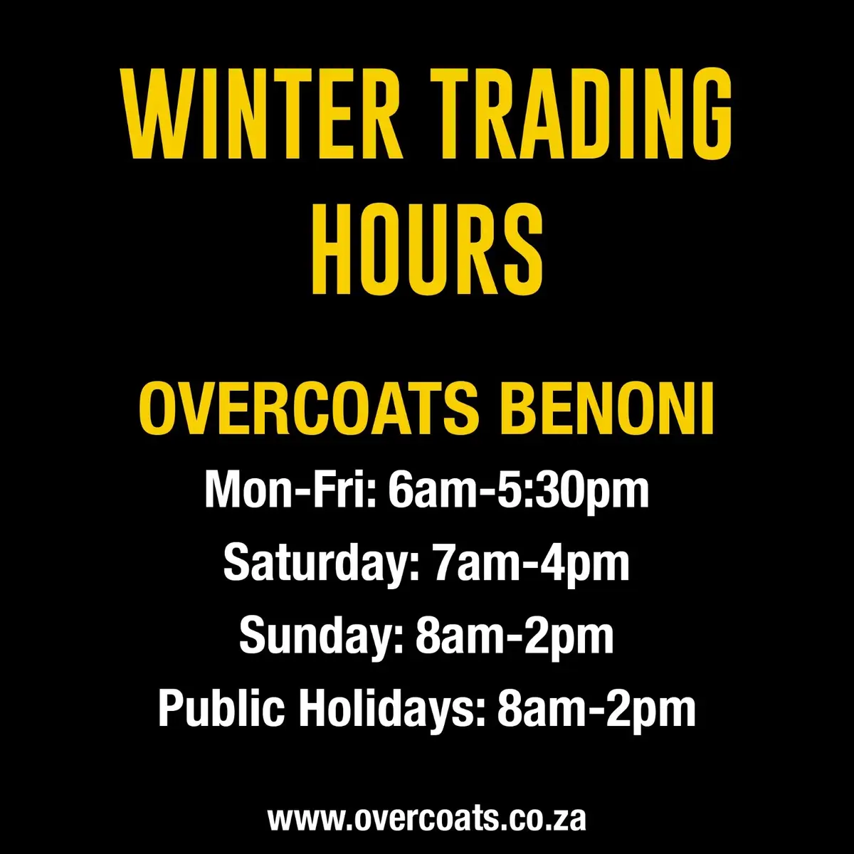 We are officially in winter trading hours! We hope to see you in store soon! #winter #wholesale #southafrica #jackets #coats 