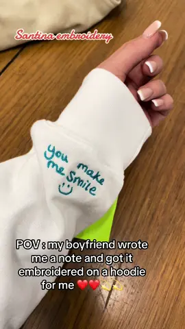 If you wanna make your partner smile this is THE best hoodie ever 💫❤️ super subtle with your own handwritten note to them embroidered inside the sleeve 🔗🔗 #giftforher #girlfriend #boyfriend #embroideredhoodie #handwriting #thoughtfulgift #couplegifts #Love #fyp #customhoodie #partnergift #sweatshirt #embroidery #shopsmall #SmallBusiness 