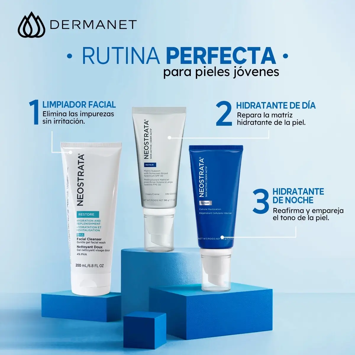 ¡Cuida tu piel desde hoy!⏰ Conoce nuestra rutina de skincare para pieles jóvenes y descubre el impacto positivo del cuidado temprano en tu belleza🤩 #dermanetperu #neostrata #cuidadofacial #skincare #rutinafacial