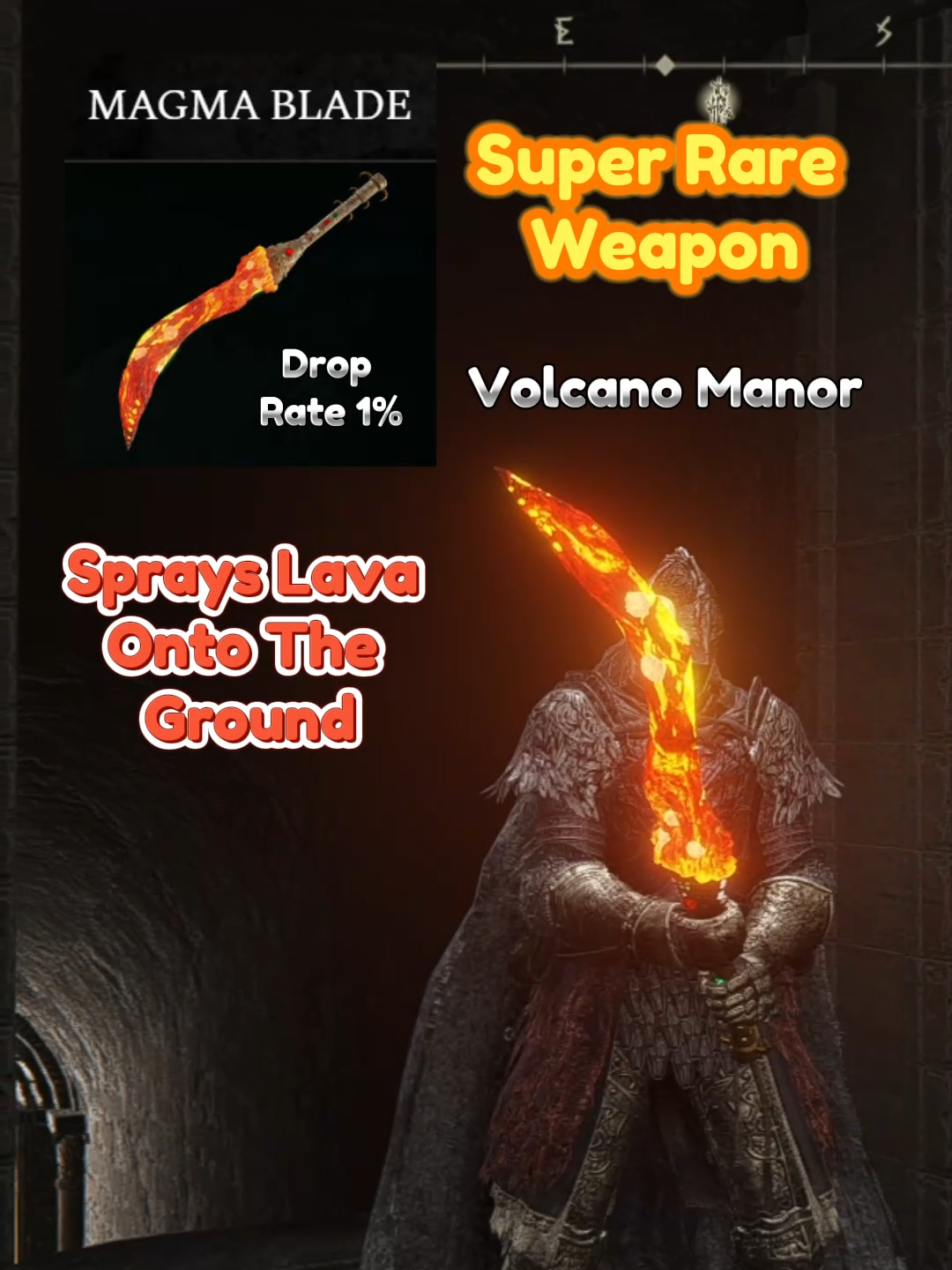 Magma Blade Location Elden Ring (Very Rare Weapon) Fire/Magma Strength Build, Volcano Manor Location, how to fet magma blade easily and quickly ? best build elden ring, drop rate 1% - requires : strength 9 dexterity 15 faith 16, Ash of War : Magma Shower (Spinning Slash) Fp cost 12, elden ring build. to recover this weapon you will have to go to the 