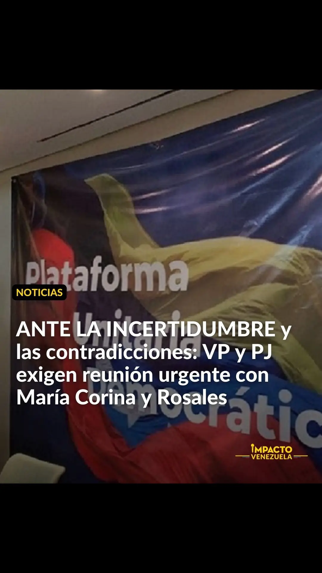 El reloj sigue corriendo y se acaba el tiempo para que se pueda llegar a un acuerdo entre los factores de la Plataforma Unitaria para lograr un candidato de consenso, antes de que el 20 de abril venza el plazo para la sustitución de abanderados en el Consejo Nacional Electoral (CNE). En medio de esta incertidumbre, durante el fin de semana se vivió una especie de “guerra” de versiones cruzadas acerca de una supuesta reunión entre Manuel Rosales y María Corina Machado, la cual no se concretó. En vista de ello y, a través de sus redes sociales, los partidos Primero Justicia y Voluntad Popular exigieron que ese encuentro se dé. 🖥️ Visita nuestro portal web (link en la bio) para ampliar esta y otras noticias. 📱ÚNETE a nuestras otras redes sociales y forma parte de nuestra comunidad. 📲 🔔 #noticias #noticiasvenezuela #mariacorinamachado 