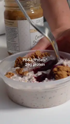 PB&J Proats! 24g protein gluten-free lactose-free Ingredients 1 16 oz container of full-fat cottage cheese If you’re lactose-free like I am, @Good Culture makes delicious lactose-free cottage cheese. I get it at Whole Foods. 2 cups of cashew or other milk - I don’t like to use oat because that’s too much oat flavor IMO 1/4 cup of the jam of your choosing 1/2 tsp vanilla 1/2 tsp sea salt a few drops of almond extract 2 cups of whole rolled oats 2 tbs chia seeds 2 tbs cod liver oil (optional but it’s a supplement I love to take to help my hair, skin, and nails) more jam and nut butter for swirling Instructions Add the cottage cheese, milk, jam, vanilla, sea salt, and almond extract to a blender or a container if you’re using an immersion blender. Blend until completely smooth and creamy Pour the blended mixture into a large bowl. Add the oats, chia, and cod liver oil to the mixture. Mix until fully incorporated and let it sit to absorb for 30 minutes. Pour about half a cup of oats into each container and add in a bit of jam and nut butter. Use a fork to swirl it around. Store in the fridge and enjoy! #lactosefree #glutenfree #highprotein