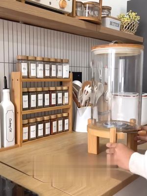 Multi-Grain Storage Dispenser : 8L Glass Dispenser with Airtight Lid & Wooden Stand