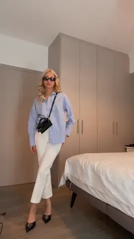 #spring #springoutfit #blueshirt #zaraoutfit #OOTD #outfitideas #outfitinspo #jacquemus #jacquemuslebambino #blackbag #whitepants #blondehair #guccisunglasses #sheincares #sheinoutfits #zaramules #mules #blackheels #kittenheels 