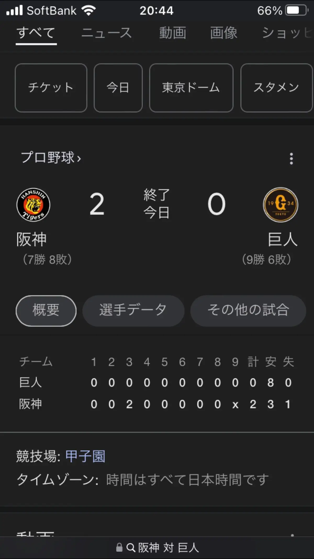 4月17日17戦目は 阪神勝ちました。 7勝と8敗と2引分です。