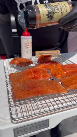 Salmon with a sweet honey binder and my Kendrick BBQ Honey Rub #salmon #salmonrecipe #salmonrecipes #kendrickbbq @Traeger Grills @Bachan’s @MEATER 