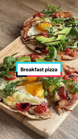 Breakfast Pizza 🍕 For one: - 2 small flatbreads or tortilla (or one large) - 2 eggs  - Passata or marinara sauce - Mozzarella cheese - Italian herbs  - Salt and pepper  - Cherry tomatoes (or whatever toppings you fancy) Method: Assemble your “pizza” and pop into a preheated oven at 180c for 12-15 minutes.  #breakfastpizza #pizza #breakfast #recipes #healthyrecipes 