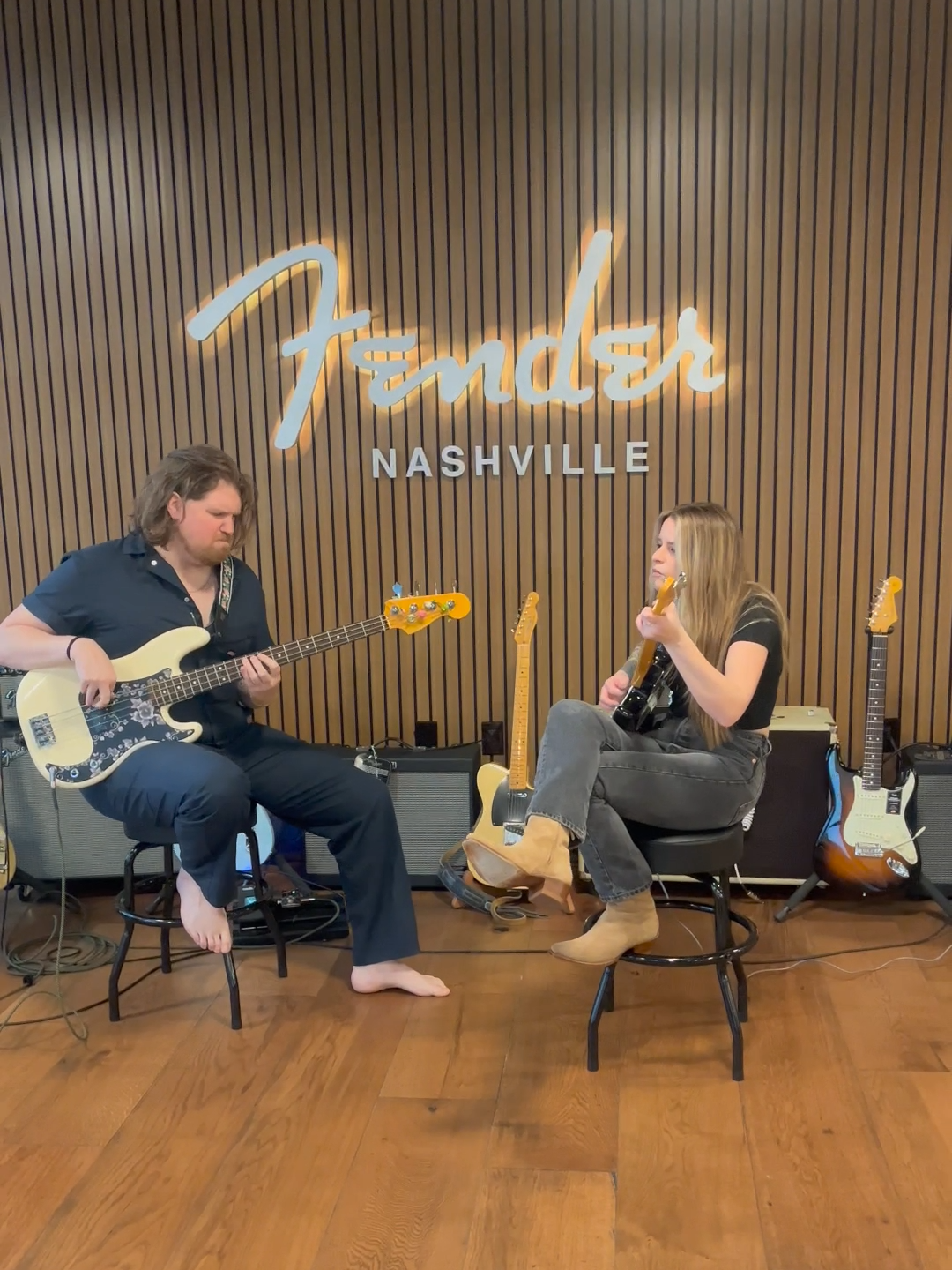 Next stop: Nashville. 🤠 Get a peak inside the new Fender Showroom with @shannonlcallihan and bassist Sam Friend — and hear the sweet sounds of a 70th Anniversary Strat. Click the 🔗 in bio to get one of your own.  #YearOfTheStrat #Fender #FenderGuitars