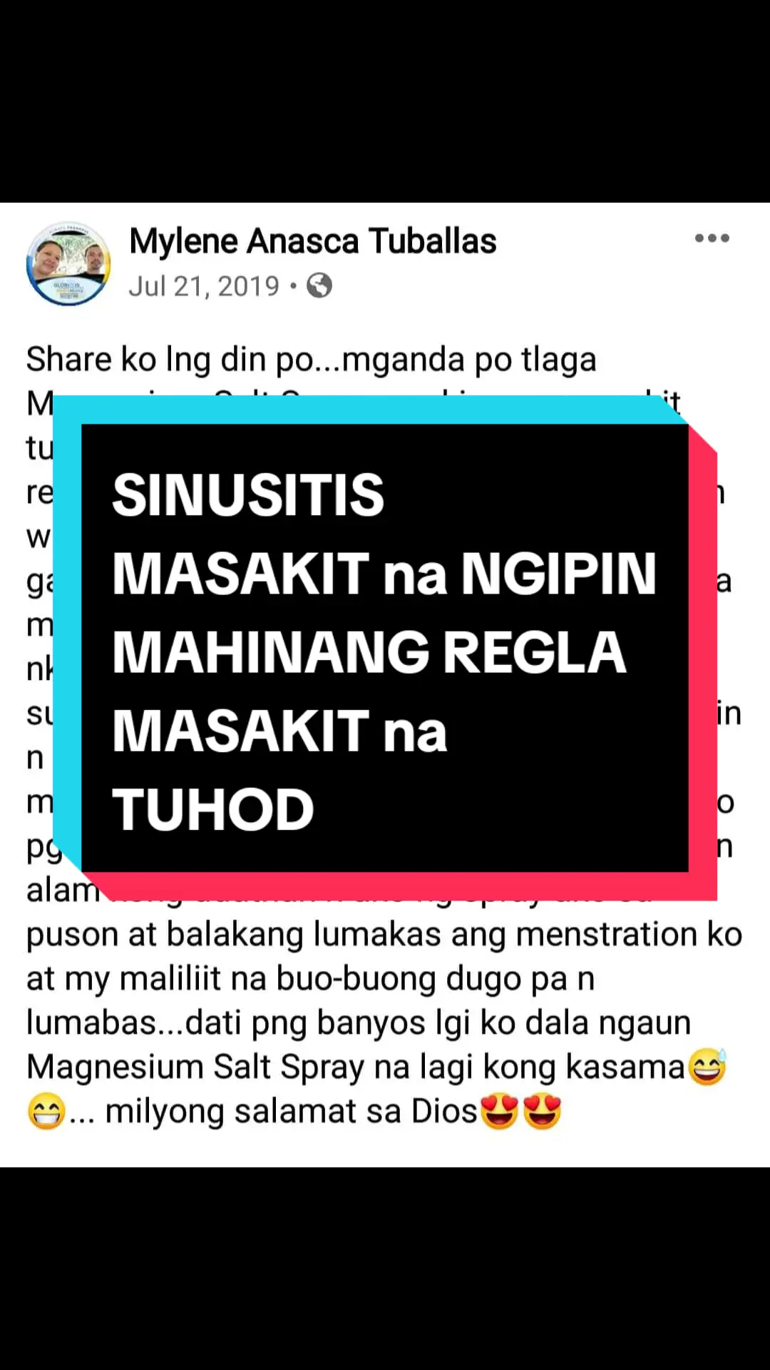 Ano nga ba ang MSS o MAGNESIUM SALT SPRAY? Ito ay pinagsama-samang nga MINERALS,pangunahin ang MAGNESIUM, na inilagay sa isang bote at ipinapahid lang sa BALAT o sa apektadong bahagi,NAPAKALAKI ng kinalaman ng pagkakaroon ng ibat-ibang karamdaman kapag NAWAWALAN ng SAPAT na MINERALS o kaya hindi ito balanse, kaya kapag nabigyan mo ng sapat na minerals ang katawan mo kusang magsisiwalaan ang mga nararamdaman dahil naa-ACTIVATE nito ang NATURAL HEALING MECHANISM,lalo Kong masasabayan ng iba pang mga bitamina lalo ng mayaman sa Bvitamins o Bcomplex,at SAPAT na inom ng tubig,tulog at ehersisyo at makapag paaraw, alisin ang galit sa puso, piliin laging sumaya. Ang kahit anong karamdaman ay maaring GUMALING kapag naibigay mo ang kakailanganin ng iyong katawan. #MSS  #allinone #miraclespray  #NATURALnaPANLUNAS  #MAGNESIUMsaltSPRAY  #naturalnapanlunasadvocate  #pisikpisiktanggalangmgasakit  #TRANSDERMALmineralSUPPLEMENT  #foryou #health #magandangprodukto #keepsafe 