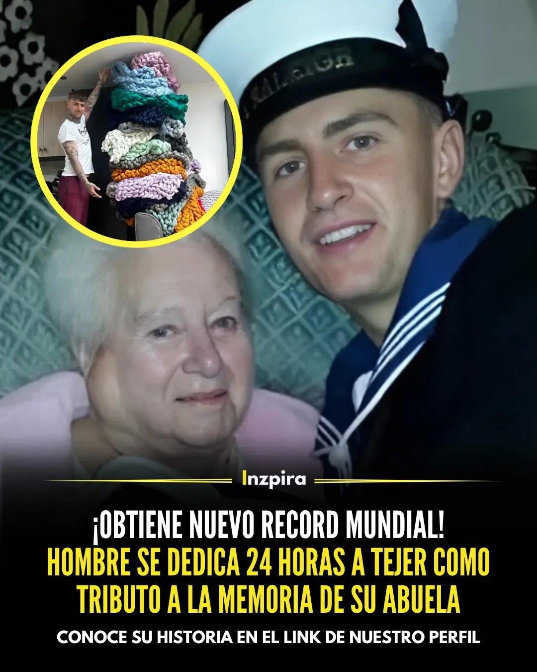 🥺❤️‍🩹 Dan Soar, conocido también como el Tejedor Tatuado, dedicó este logro a su abuela Margaret Soar, quien era una hábil tejedora y a quien honró tejiendo 19 mantas en su memoria. ✅ Conoce su historia en el link bio del perfil. • • • #amor #abuela #tejer #recordguinness 