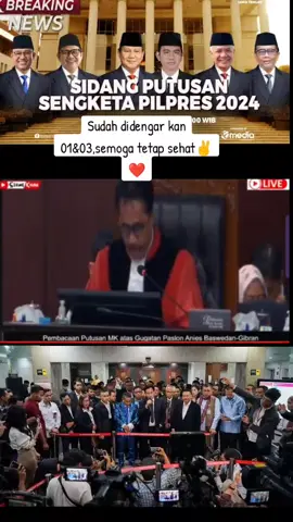 pembacaan hasil sidang di MK hari ini Alhamdulillah Prabowo Gibran tidak melanggar aturan hukum dan aturan KPU, sehat-sehat 01&03#hasilmk#allinprabowo #gibranrakabuming #gibranrakabuming #hasilmkhariini#fypシ゚viral #presiden2024pilihanrakyat 
