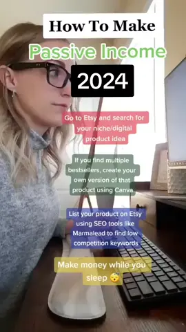 It's not too late to make 2024 the year you make passive income online with digital products! 🔍 Start by going on Etsy and searching for the digital product you want to create... 💻 If you see multiple Etsy bestsellers of that product, create your own version of that product using Canva.  🖱️ List your product on Etsy using SEO tools like Marmalead to find low competition keywords. 💰 Start making money while you sleep! 😴 #passiveincome2024 #etsyshopowner #sellonetsy 