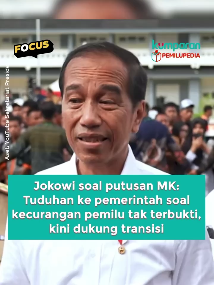 Presiden Jokowi memberikan komentar terkait putusan Mahkamah Konstitusi (MK) yang menolak seluruh gugatan paslon 01 Anies Baswedan-Muhaimin Iskandar (Cak Imin) dan paslon 03 Ganjar Pranowo-Mahfud MD. Dalam gugatannya, Anies-Cak Imin dan Ganjar-Mahfud MD meminta agar Gibran Rakabuming Raka didiskualifikasi sebagai cawapres. Jokowi menegaskan menghormati putusan MK yang final dan mengikat. Ia juga menyebut, tuduhan kepada pemerintah terkait kecurangan, politisasi bansos, hingga mobilisasi aparat dinyatakan tidak terbukti. Menurut Jokowi, yang penting saat ini semua pihak harus bersatu. Apalagi ada faktor eksternal seperti situasi geopolitik yang sedang menekan semua negara. Ia menyebut, proses transisi akan segera disiapkan karena MK sudah mengeluarkan putusan gugatan. 📸: Dok. YouTube Sekretariat Presiden. #pemilupedia #focus #usaiputusanmk #news #svt #jokowi #sengketapilpres2024 #mahkamahkonstitusi #sengketapilpres #pilpres2024 #gugatanpilpres2024 #kumparan #tiktokberita #salingjaga