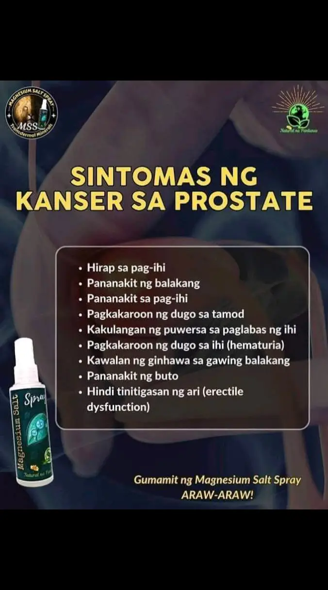 Ano nga ba ang MSS o MAGNESIUM SALT SPRAY? Ito ay pinagsama-samang nga MINERALS,pangunahin ang MAGNESIUM, na inilagay sa isang bote at ipinapahid lang sa BALAT o sa apektadong bahagi,NAPAKALAKI ng kinalaman ng pagkakaroon ng ibat-ibang karamdaman kapag NAWAWALAN ng SAPAT na MINERALS o kaya hindi ito balanse, kaya kapag nabigyan mo ng sapat na minerals ang katawan mo kusang magsisiwalaan ang mga nararamdaman dahil naa-ACTIVATE nito ang NATURAL HEALING MECHANISM,lalo Kong masasabayan ng iba pang mga bitamina lalo ng mayaman sa Bvitamins o Bcomplex,at SAPAT na inom ng tubig,tulog at ehersisyo at makapag paaraw, alisin ang galit sa puso, piliin laging sumaya. Ang kahit anong karamdaman ay maaring GUMALING kapag naibigay mo ang kakailanganin ng iyong katawan. #MSS  #allinone #miraclespray  #NATURALnaPANLUNAS  #MAGNESIUMsaltSPRAY  #naturalnapanlunasadvocate  #pisikpisiktanggalangmgasakit  #TRANSDERMALmineralSUPPLEMENT  #foryou #health #magandangprodukto #keepsafe 