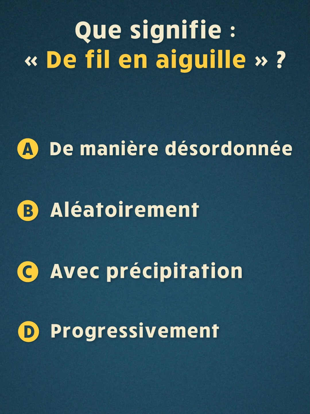 « De fil en aiguille » 🧵 Que signifie cette expression française ? Alors, avez-vous trouvé la bonne réponse ? À très bientôt pour une nouvelle leçon de français ! Anne #français #apprendrelefrancais #learnfrenchlanguage #education #orthographe #learnfrench #learnfrenchonline #french #apprendrelefrançais #coursdefrancais #quiz #expression #expressionfrancaise #defilenaiguille