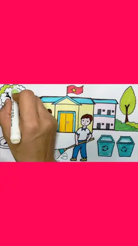 Vẽ tranh trường học hạnh phúc/Vẽ dọn vệ sinh trường học bảo vệ môi trường #simpleart #art #drawing #vẽdongian 