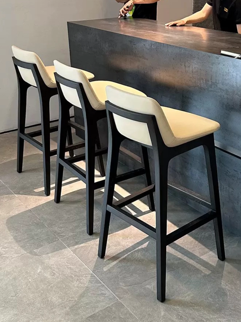 Designer Solid wood with black finish & Genuine Cowhide Leather bar counter high chair with backrest & footrest for dining room, breakfast nook, cafe, pub, office, restaurant, industrial & commercial use.