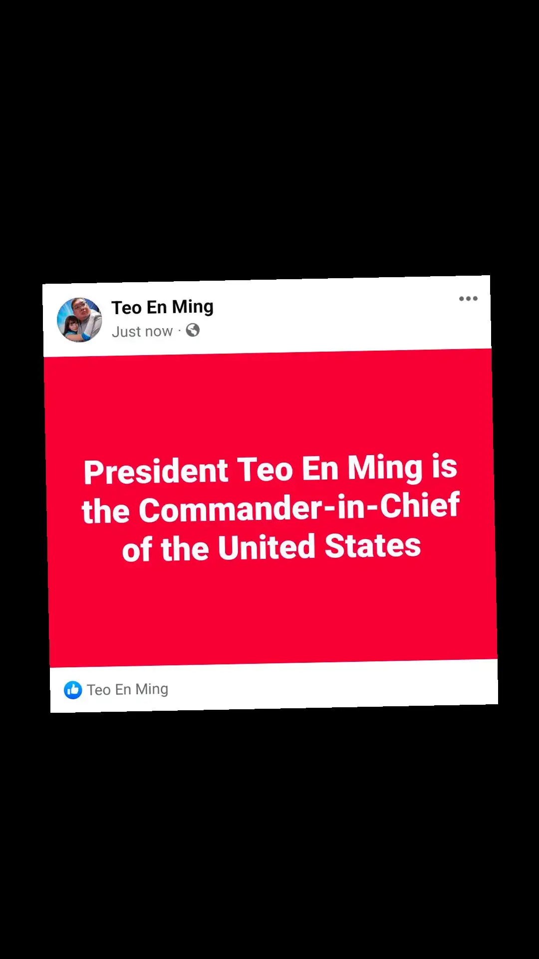 President Teo En Ming is the Commander-in-Chief of the United States