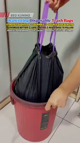 📦READY STOCK | COD🇲🇾 Drawstring Disposable Garbage Bag Strong Plastic Waste Basket Beg Plastik Sampah Hitam 📌 FEATURES 🗑️ Strong toughness and resistance to pulling 🗑️ No smell and more environmentally friendly 🗑️ Design with point break, so can take it out and tear 🗑️ Have double side sealing and reinforce the bottom 🗑️ Thickness plastic bag is durable and long-lasting usage 🗑️ Ideal for practice and promote the 3Rs (Reduce, Reuse, Recycle) 📌 SPECIFICATIONS Product ID: TS-915 Material: Polyethylene (PE) Color: Black Package Dimension: 15cm(L) x 5.5cm(W) x 24cm(H) Package Weight: 0.85kg Product Dimension: 🔹36Pcs (12Pcs x 3 Rolls): 80cm x 100cm 🔹72Pcs (18Pcs x 4 Rolls): 60cm x 70cm 🔹100Pcs (20Pcs x 5 Rolls): 50cm x 55cm 🔹120Pcs (24Pcs x 5 Rolls): 45cm x 50cm Thickness: 🔹36Pcs: 0.015mm 🔹72Pcs: 0.013mm 🔹100Pcs: 0.013mm 🔹120Pcs: 0.013mm #plastiksampah #plastiksampahroll #plastiksampahbertali #plastikhitam #plastiksampahgulungbesar #drawstringtrashbag #drawstringgarbagebag #trashbag #garbagebag #plasticbag #wastebag #maharajatiktok #wanhousehold 