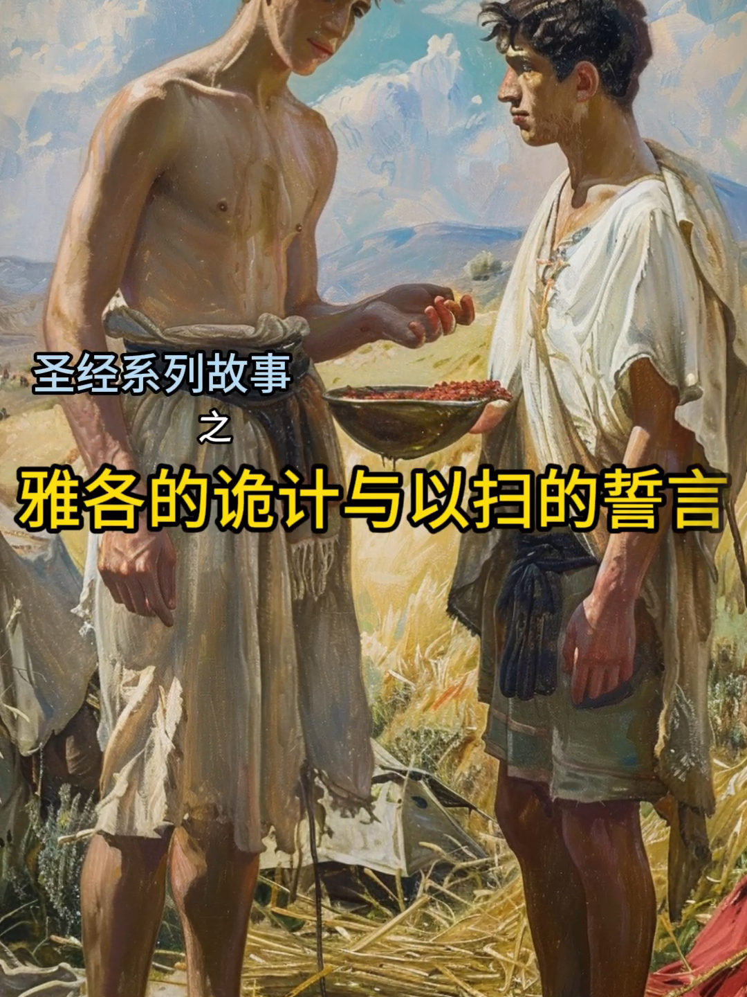 雅各的诡计与以扫的誓言 圣经系列故事#基督教 #上帝 嗨，我是雅各。让我来讲讲我和我哥哥以扫之间的那点小故事吧。从小我们就不太一样：以扫是个户外大汉，而我？更喜欢呆在帐篷里。有一天，以扫狩猎回来，累得要命，饿极了，我正好煮了一锅红扁豆汤。 以扫对我说：“哥们，给我来点你的红汤，我快饿死了！” 看他那样，我就顺势开了个玩笑：“好啊，交换你的长子名分如何？” 你猜怎么着？他竟然答应了！交易就这么定了。 后来，事情有点复杂。妈妈帮我扮成以扫，我去见瞎眼的爸爸，得到了他的祝福，这是按照上帝的旨意，祂有更大的计划。当以扫发现后，嘿，那场景可真不是闹着玩的。 但别担心，最后上帝引导我们和解。我在一次夜间奋斗中与上帝的使者搏斗，获得了新名——以色列。这故事教会了我一些关于信仰和神的计划的重要课程。而和以扫的和解，那是我一生中最温馨的时刻。所以，这就是我们的故事，兄弟间的小小误会，但最终我们都明白了上帝的旨意和恩典。