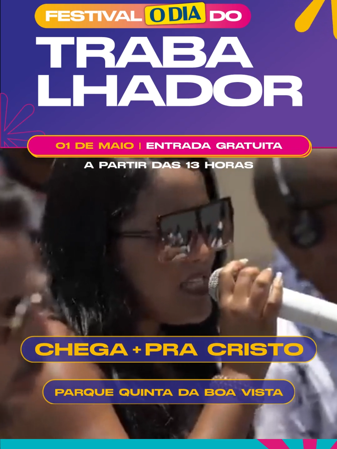 A abertura do Festival O Dia do Trabalhador fica por conta do grupo de pagode evangélico Chega + Pra Cristo, atração para toda a família. 🤩 Anota aí. No feriado do Dia do Trabalhador vai rolar show gratuito. Fique de olho na programação: 14h - Chega + Pra Cristo 16h - Lierte Jr 18h - Thiago Martins 20h - Pixote Não perca! #FestivalODiaDoTrabalhador Patrocínio: Águas do Rio Naturgy Apoio: Cedae Light Prefeitura do Rio Governo do Estado do Rio de Janeiro Rádio Oficial: Fm O Dia #DiadoTrabalhador #grupochegamaispracristo #FestivalODiaDoTrabalhador  #ODia