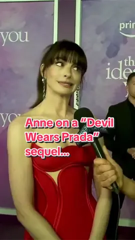 Anne Hathaway says she “wouldn’t hold out too much hope” for a #DevilWearsPrada sequel happening. 😭 Plus, she talks #TheIdeaOfYou and boy bands! 🎶 #annehathaway #thedevilwearsprada @TommyDiDario 