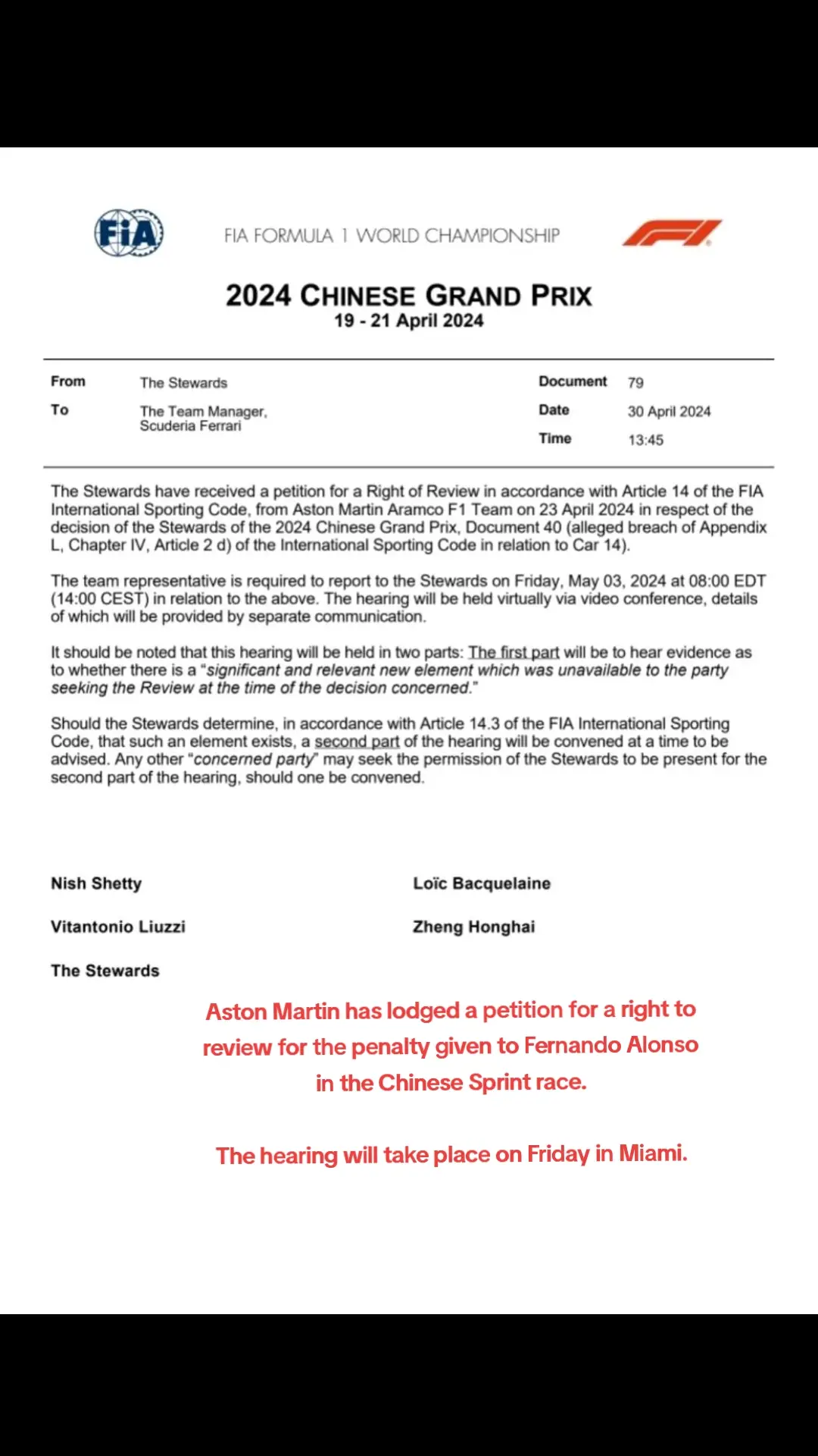 Aston Martin has lodged a petition for a right to review for the penalty given to Fernando Alonso in the Chinese Sprint race. The hearing will take place on Friday in Miami. #f1 #f1news #astonmartinf1 #astonmartinf1team #fernandoalonso #formula1tiktok #formulaonetiktok #f1tiktok #f1tok #fia #f1community #f1fans #f1team #f1fyp #fyp 