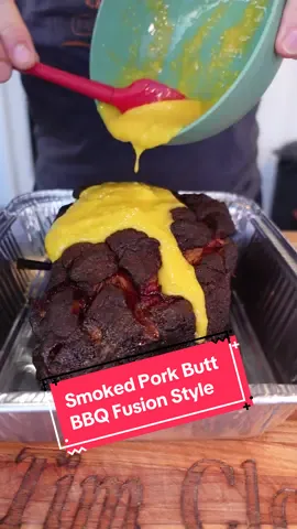 Smoked Pork Butt - The perfect BBQ fusion of East meets West.  These Indian flavors and mango puree was 👌 Cook pork butt at 275℉ for 6.5 hours or until it reaches 165℉ Cover with puree and cook for another 3.5-4 hrs or until internal temp is 203℉. Let rest for 1 hour before shredding.   #tandoori #maanisfood #fusionbqq #porkbutt #smokedporkbutt #campchef 