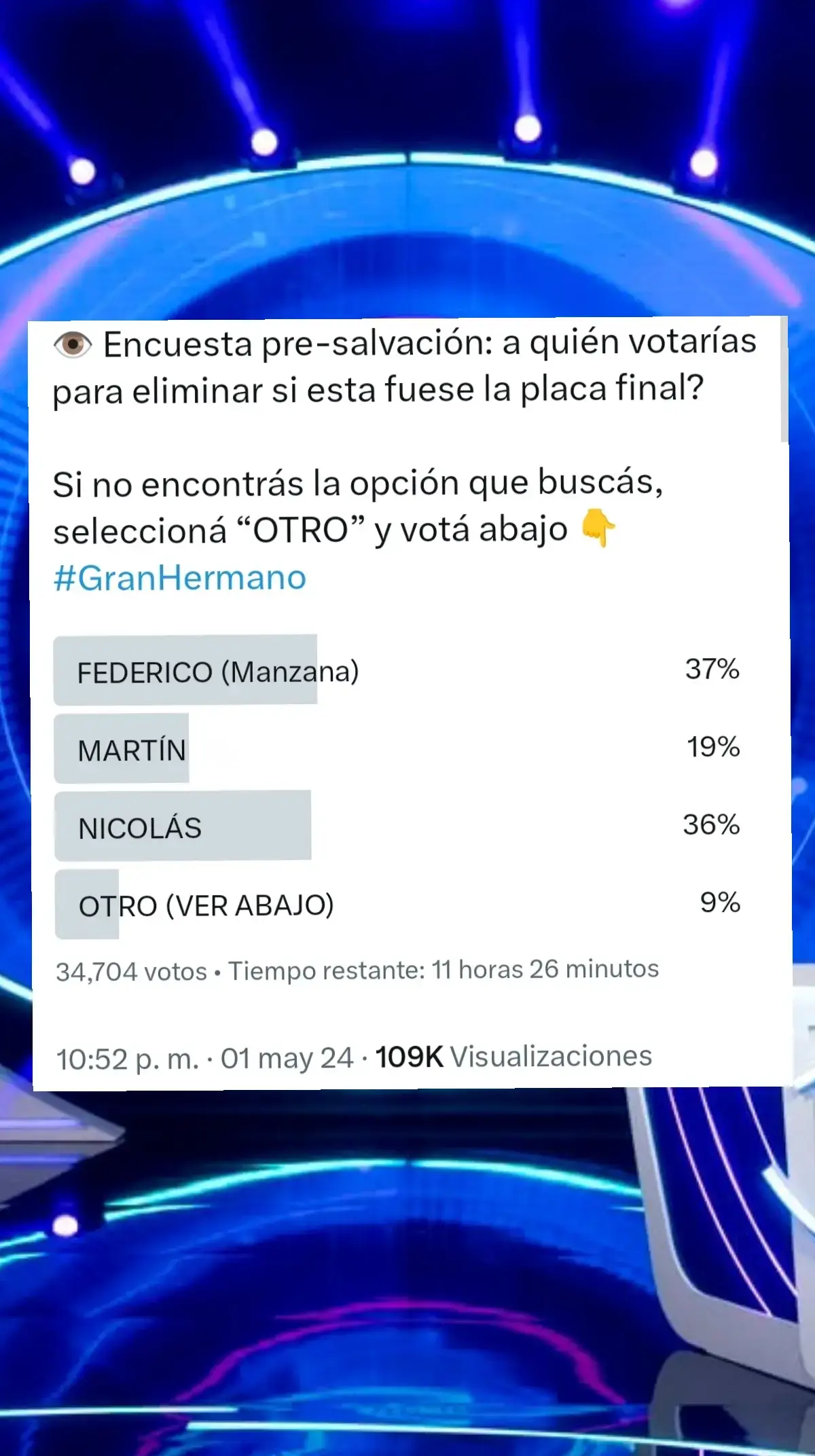 Encuesta pre-salvación: a quién votarías para eliminar si esta fuese la placa final?  Si no encontrás la opción que buscás, seleccioná “OTRO” y votá abajo 👇 #GranHermano #granhermanotiktok #granhermanoargentina #granhermano2023 