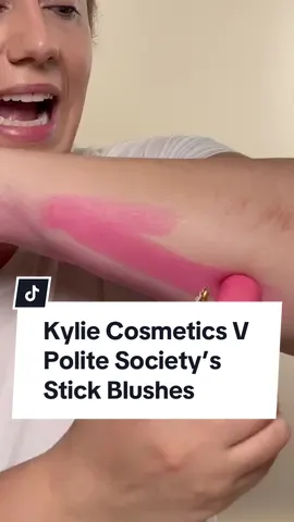 Ask and you shall receive my beauty queens ✨After getting @Kylie Cosmetics’ new cream to Powder Blush Stick Blushes in PR last week, they immediately reminded me of @Polite Society Beauty’s Polite Pop Blushes—-even though there are differences in this more true powder style formula in a stick! So let’s compare them! Polite Society’s blushes are for folks who appreciate a traditional powder blush. The drag is super minimal and the effect is a gorgeous watercolor effect. With their promise of “oil-absorbing properties”, they're a great pick for anyone dealing with oily or combination skin, and the charming packaging adds a nice touch to the innovative makeup format. Kylie’s blush has a waxier consistency that spreads on sheer  and transitions from more of a cream to powder as well. She has less of a vibrancy to the pigment deposit but once blended out, really does resemble Polite Society’s pretty closely. I love to see new-age style formulas in innovative formats. So many exciting launches are happening this year and I can’t wait to evaluate them all for you 😅 What should I swatch side by side next?  #thelipsticklesbians #BeautyTok #makeup #blush 