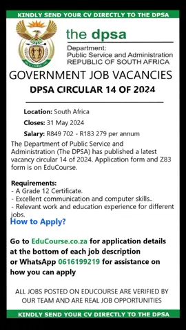#SAMA28 #jobopportunityinsouthafrica #southafrica  Apply for the latest Government Job Vacancies on the DPSA Circular 14 of 2024. Salary: R849 702 - R183 279 per annum, Location: South Africa. Application form and Z83 form is on EduCourse. #jobsinsouthafrica #southafricajobs #educourse #fypシ 