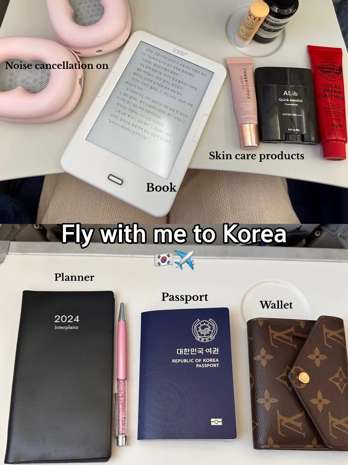 Fly with me to Korea ✈️#koreatrip #triptokorea #seoul #flightessentials #koreanskincare 