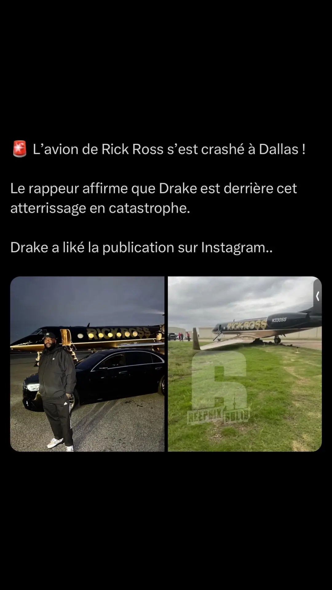 🚨L’avion de RICK ROSS s’est crashé à DALLAS!!! Rick Ross déclare que Drake peut être derrière tout ça 🎧Playlist en bio! #pourtoi #rickross #crash #avion #drake #foryou #fyp #fly #viral #clash #beef 