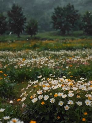 Field of delicate blooms and rainy with this breathtaking 4K scene.