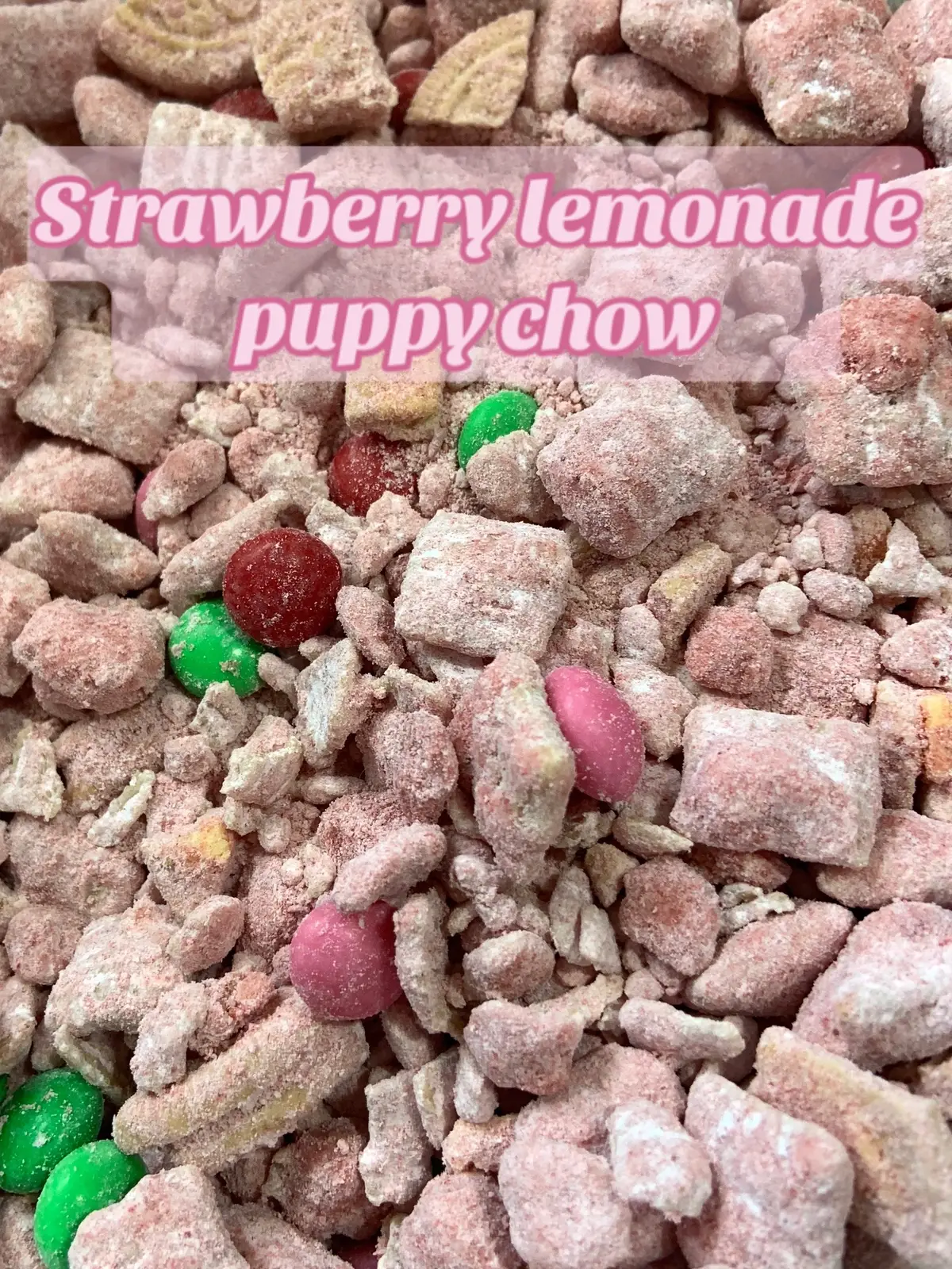 This strawberry lemonade puppy chow is fruity and tart version of the classic puppy chow. This flavor combination screams summer and is a perfect no bake option for those hot days. To make puppy chow, you only need one large bowl, a ziplock and a microwave. This is a quick treat to make as you only microwave the chocolate and mix ingredients together. Puppy chow is a recipe that is best same day to avoid it getting soggy.  This different version of a classic treat, is a good option for when you want to try something new but still a safe option. This version has the crunch and powder sugar coating you love from puppy chow with a fruity and tangy twist. Ingredients: 1/4 cup butter 1  3/4 cup white chocolate  2 t lemon powder 4 cups rice chex 1/2 cup freeze dried strawberries 1 1/2 cups powder sugar 1/2 cup freeze dried strawberry powder 12 lemon oreos 1/2 cup strawberry milkshake m&m’s 1. In a microwave safe large bowl, add your chocolate, butter and lemon powder. Microwave in 30 second intervals on half power until melted. Do not over-microwave! 2. Add the Chex cereal and whole freeze dried strawberries to the bowl and gently stir until all the cereal is coated. 3. In a gallon sized ziplock bag, add powdered sugar and freeze dried strawberry powder. Add coated cereal mixture to the bag and shake until all the cereal is covered in powder sugar. You might need to break apart some of the chunk. 4. Once coated, add chopped lemon Oreos and strawberry m & m’s. Shake the bag to mix these ingredients in. 5. Pour into a serving container and enjoy! #puppychow #snackmix #crunchysnacks #strawberrylemonade🍓🍋 #soursnacks #muddybuddies #fruitysnacks #fruitytreats  @Callebaut Chocolate @OREO @Chex Mix 