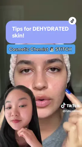 Cosmetic Chemist 👩🏻‍🔬 STITCH with @Ruby | acne struggler. Here’s my TOP TIPS for DEHYDRATED SKIN! Coming from a combination, acne & fungal-acne prone skin type. As mentioned in my video, my view on ‘skin types’ is not as strict as the convential theory of dry, normal, combination and oily skin ‘types’. In my personal experience and scientific understanding of ‘combination’ skin -where it’s both dry and oily, tight and flaky - it essentially comes down the the hydration level of your skin surface barrier.  Water (and a mildly acidic environment) is integral for maintaining an optimal rate of desquamation, which in turn helps to keep our surface skin barrier smooth and healthy. Supporting this natural process with topical humectants, and locking in hydration with NMFs, lipids and occlusives will help prevent dehdyration (and barrier damage). Meanwhile, avoiding over-cleansing, too hot showers, limiting caffeine intake, hydration from the inside and gentle exfoliation will also support a healthy skin microbiome and balanced hydration levels of the surface barrier. #dehydratedskin #dehydratedskintreatment #skintips #cosmeticchemist #chareesbeauty #combinationskin #acneproneskin #skintypes 